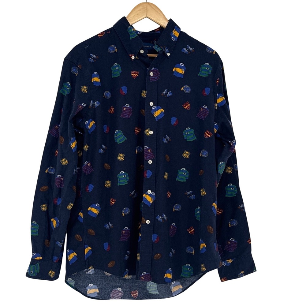 Ralph Lauren Classic Fit Mens Shirt L Navy Blue Rugby Jersey Print Button Down